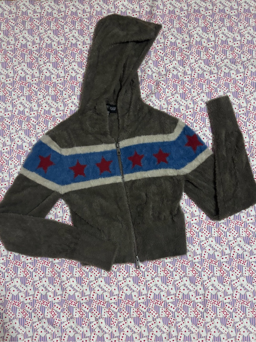 Current Mood Olive Green Hooded Zip Star Sweater with Blue Band and Red Stars